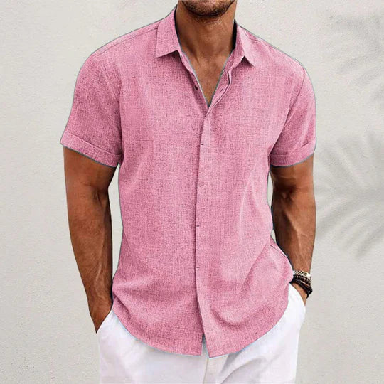 Men's short sleeve linen shirt in pink, another view with cuffed short sleeves and a spread collar.
