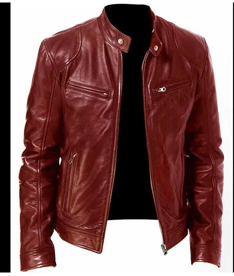 Burgundy red leather biker jacket displayed unzipped, with a snap stand collar and zip pockets 5