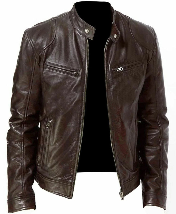 Dark brown leather biker jacket displayed unzipped, showing stand collar and zip pockets 8
