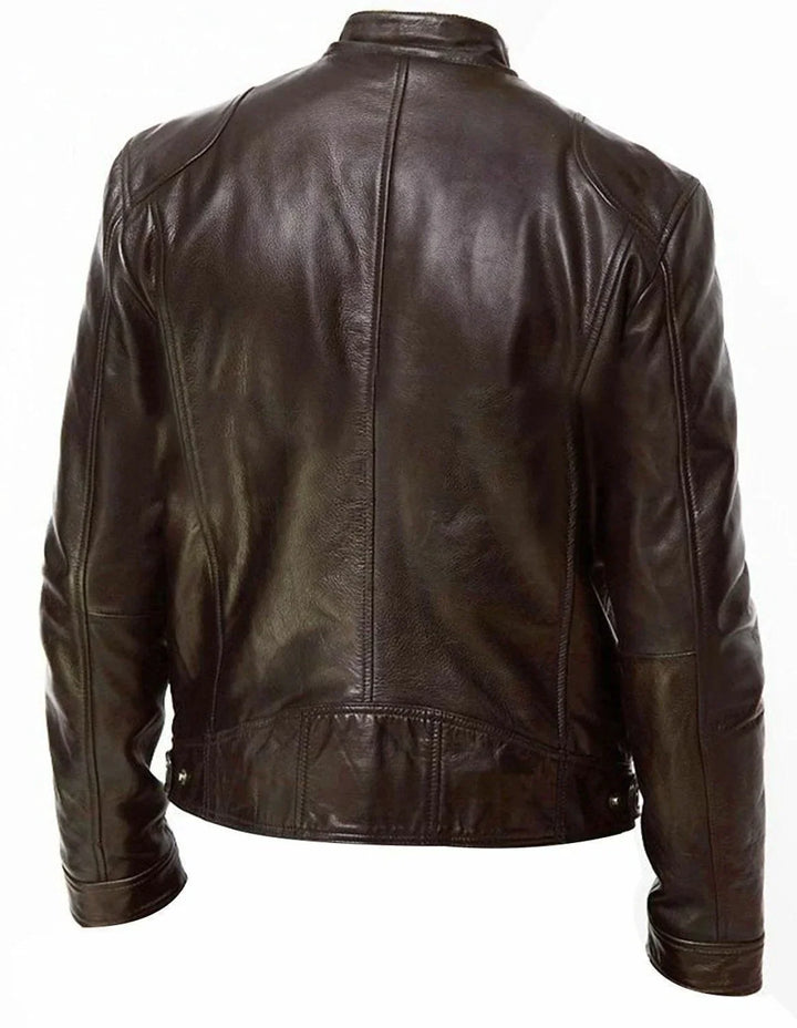 Back view of the dark brown leather jacket, showing center seam and adjustable waist tabs 9