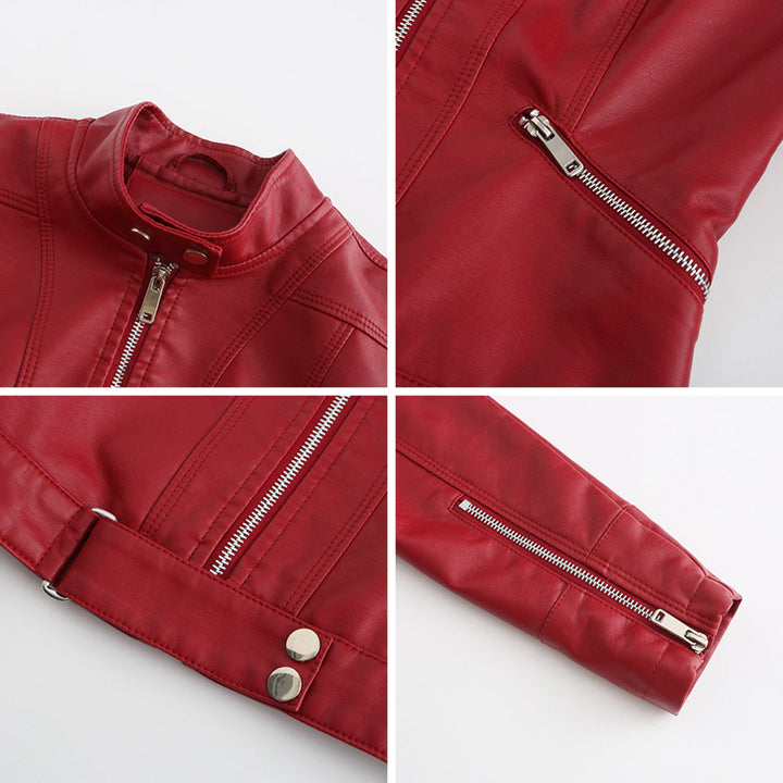 Four close-up details of the red jacket: collar snap, angled zipper pocket, waist tab with two snaps, and zippered sleeve cuff. 8