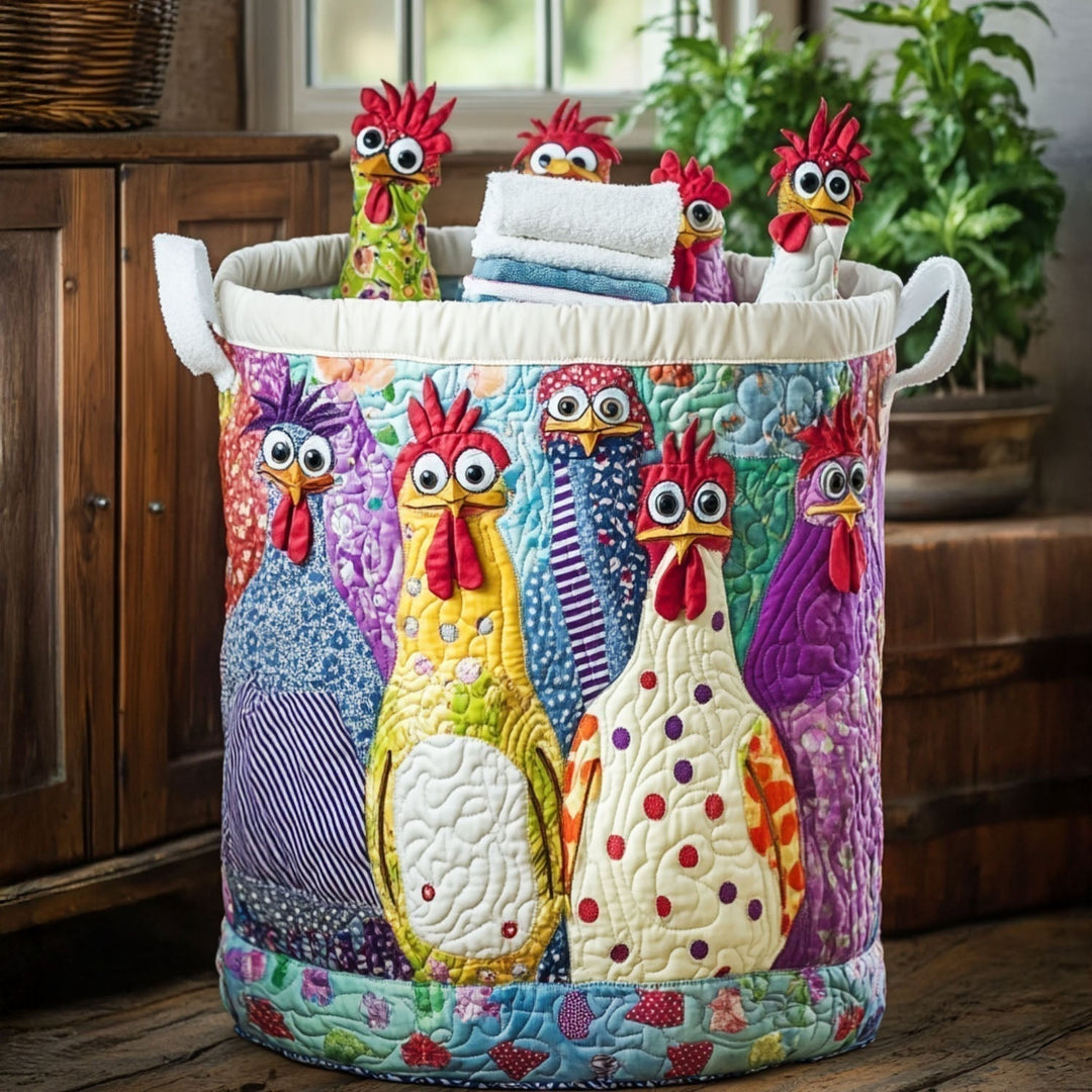 Quilted Hand-Sewn Basket with Rooster Motif in multicolor with white handles, shown holding towels and plush toys.