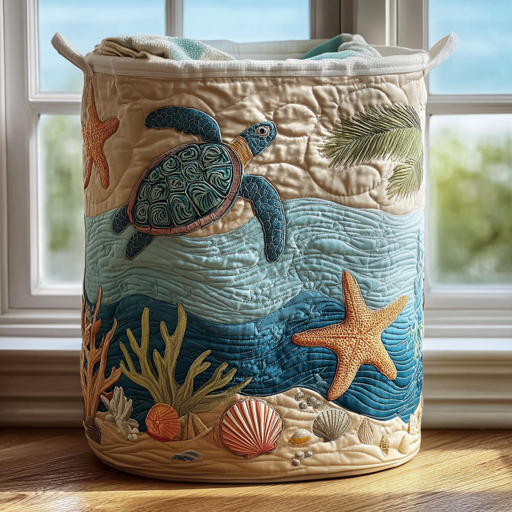 Quilted laundry basket with canvas handles in beige with a graphic-print pattern.