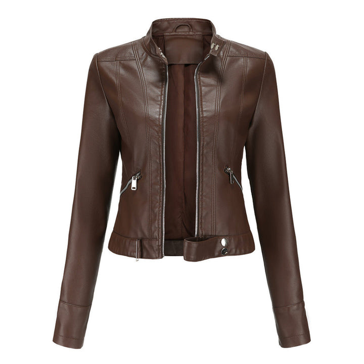 Front view of the dark brown cropped jacket, unzipped, with stand collar, two zippered pockets and snap waist tab. 4
