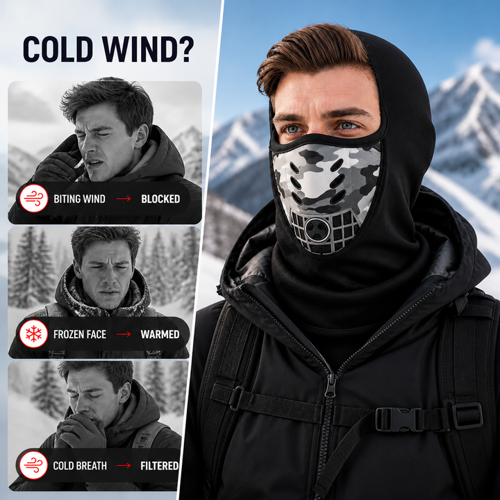 Man wearing the camo-panel balaclava with a black jacket, beside small scenes of cold wind, frozen face and cold breath 2