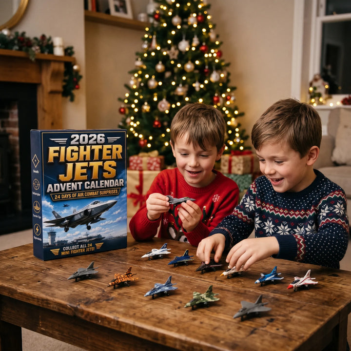 Two smiling boys in holiday sweaters play with mini fighter jets spread on a wooden table beside the box 1