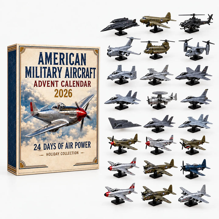 Boxed military aircraft set beside 21 mini warplanes, helicopters and propeller planes displayed on small black stands 2