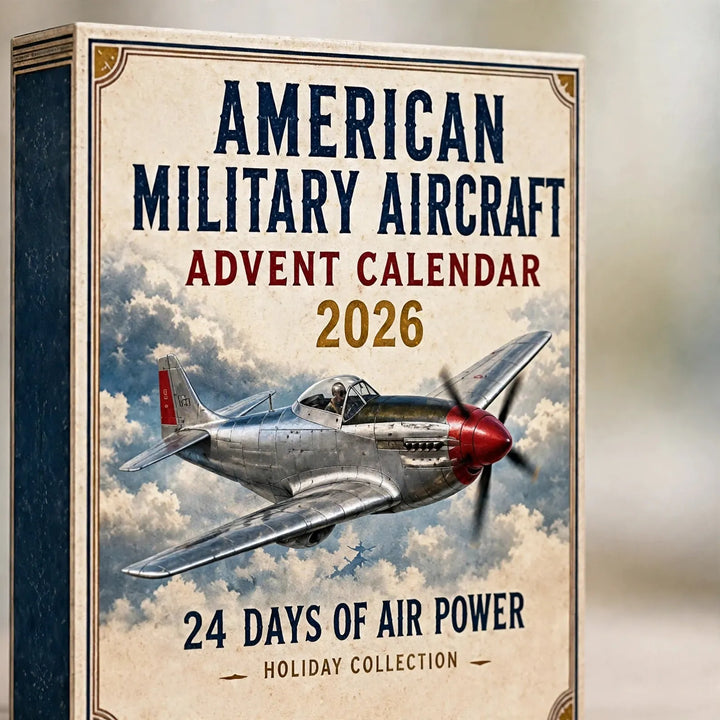Close-up angled view of the vintage-style box showing a silver propeller fighter plane flying through clouds 3