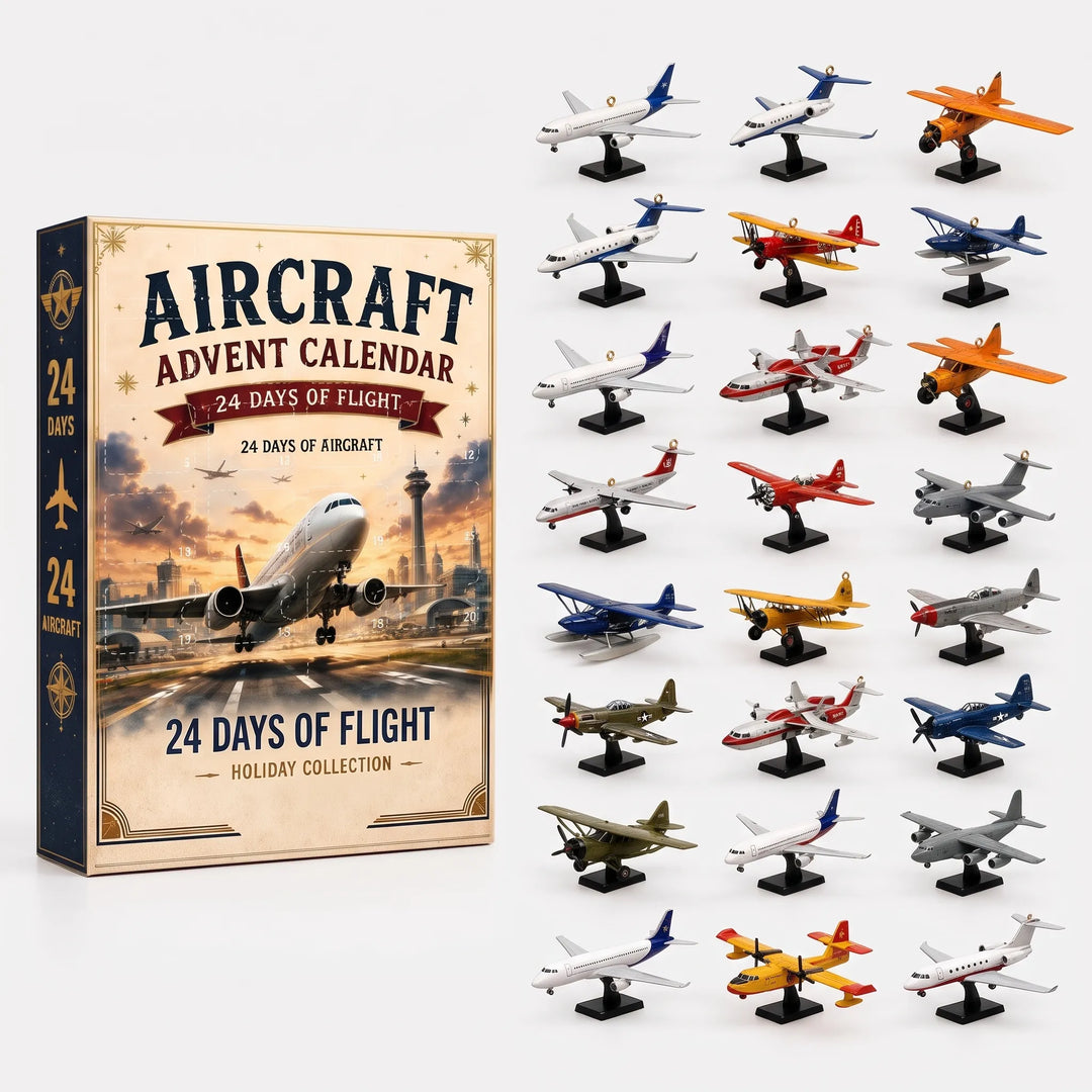 Aircraft-themed box with an airliner taking off, beside 21 mini planes on stands in many colors 4