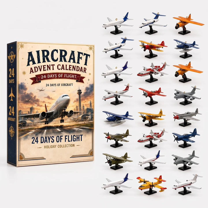 Aircraft-themed box with an airliner taking off, beside 21 mini planes on stands in many colors 4