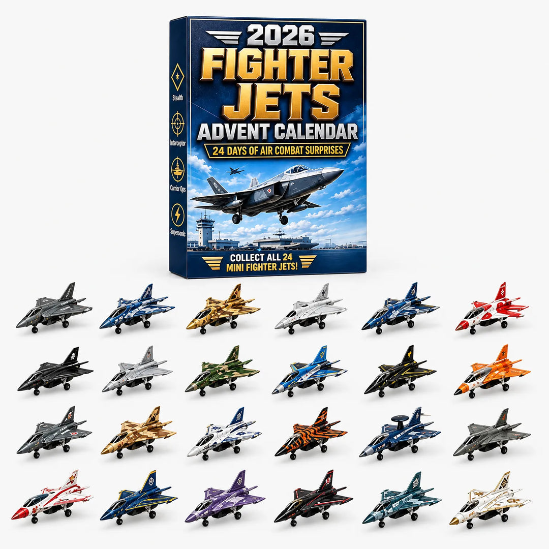 Fighter jet box above 24 small jets in camouflage, tiger-stripe, black, blue, orange and white finishes 5