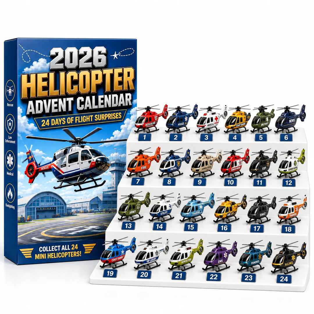 Helicopter-themed box next to a white tiered display holding 24 numbered mini helicopters in assorted colors 6