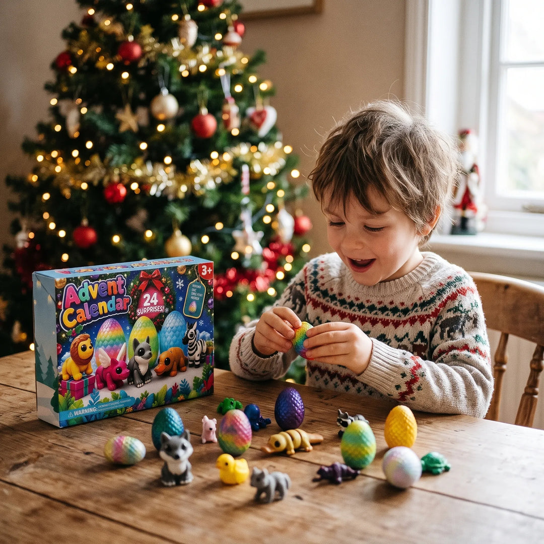 Smiling boy in a patterned sweater opens a scaly toy egg beside the boxed calendar, with figures scattered on a table 1