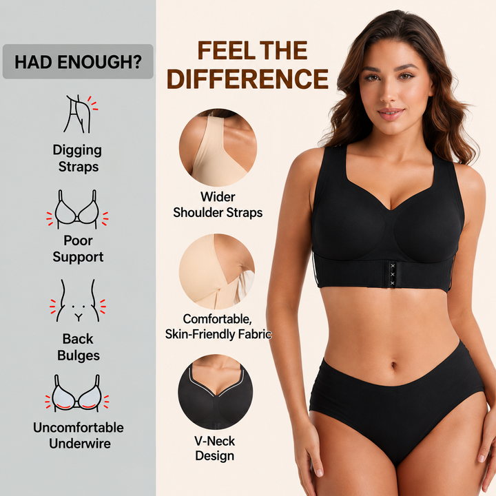 Model in a black front-closure bra with wide straps and V-neckline, surrounded by close-up circles of strap, fabric and neckline details. 2