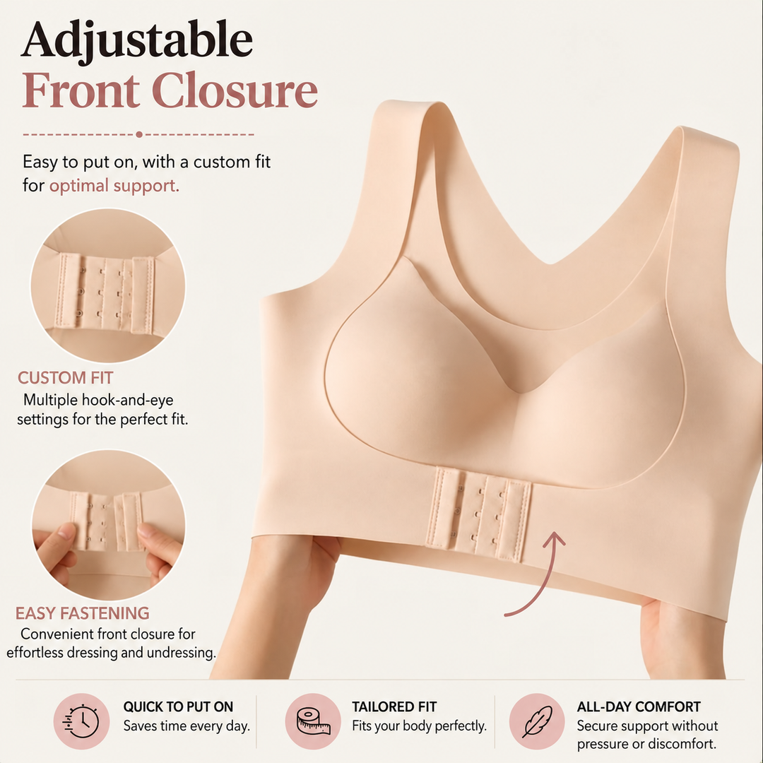 Beige bra held up to show its front hook-and-eye closure, with close-ups of the multiple fastening settings and fingers opening the hooks. 5