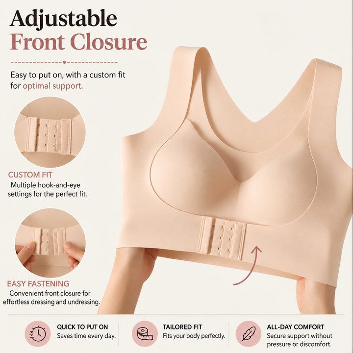 Beige bra held up to show its front hook-and-eye closure, with close-ups of the multiple fastening settings and fingers opening the hooks. 5