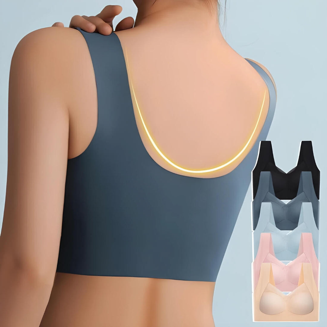 Seamless Ultra-Comfort Bra back view in slate blue with a scoop back and five color options.