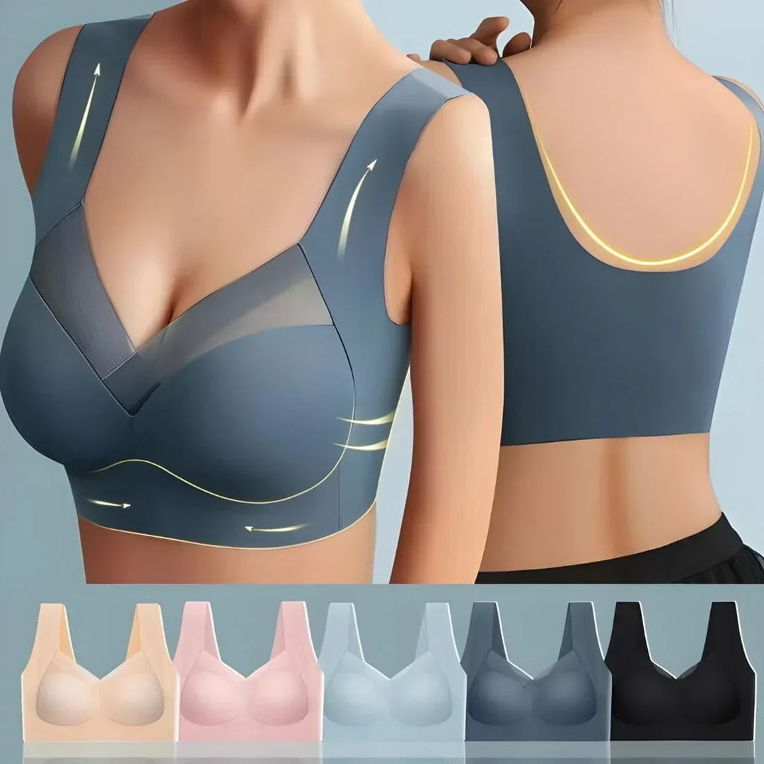 Seamless Ultra-Comfort Bra shown from front and back with five color options below.