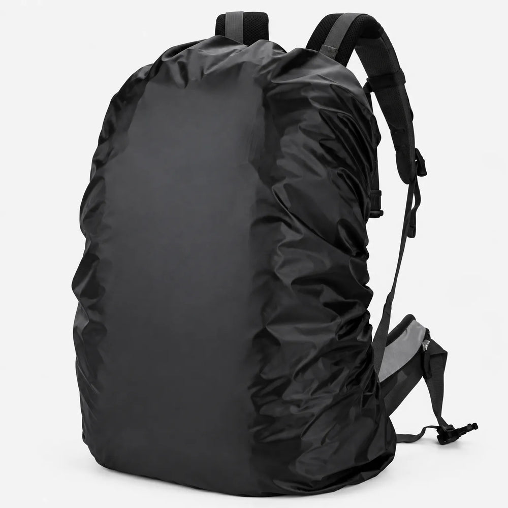 Black rain cover stretched snugly over a rucksack on a plain white background, shoulder straps and hip belt visible at the side. 2