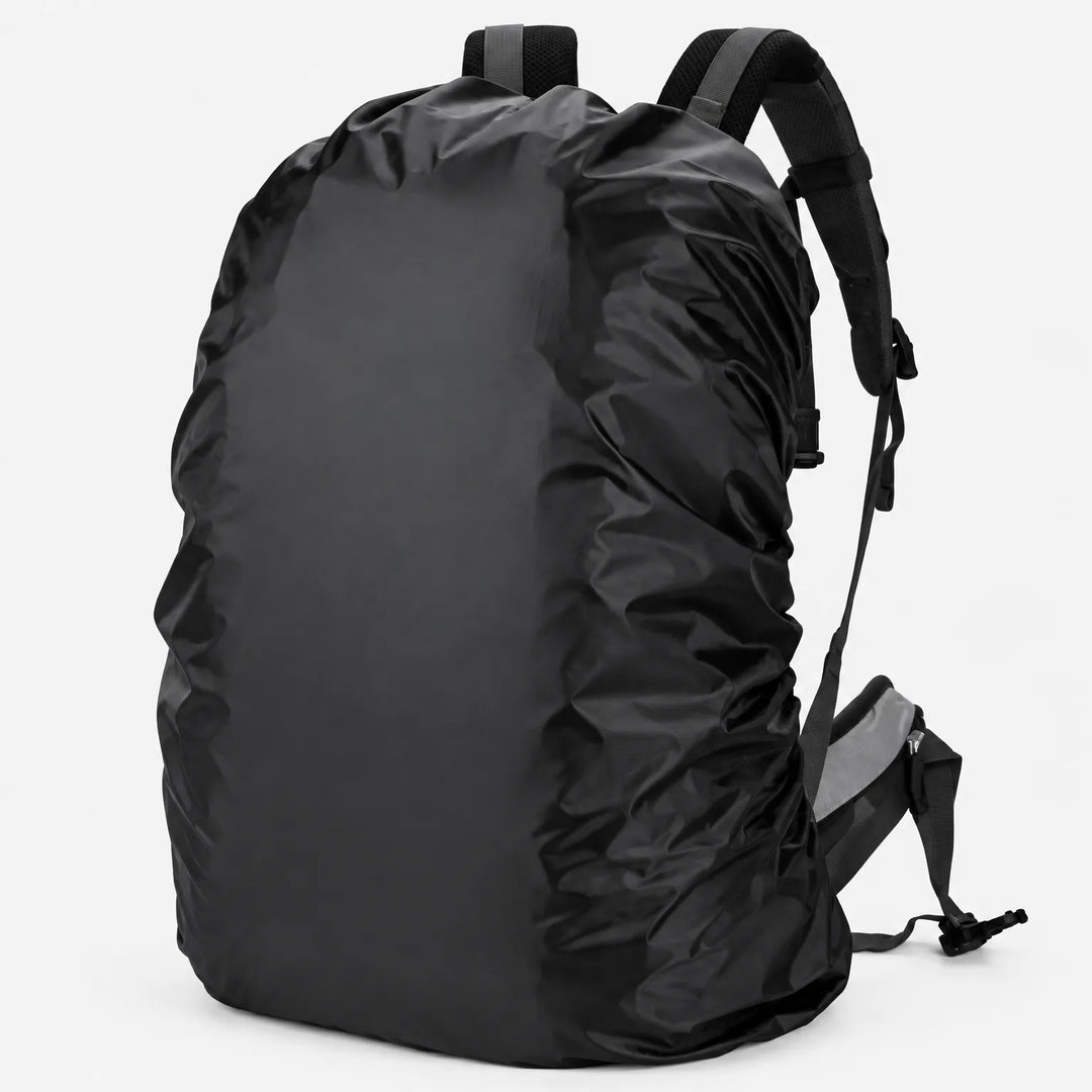Black rain cover stretched snugly over a rucksack on a plain white background, shoulder straps and hip belt visible at the side. 2