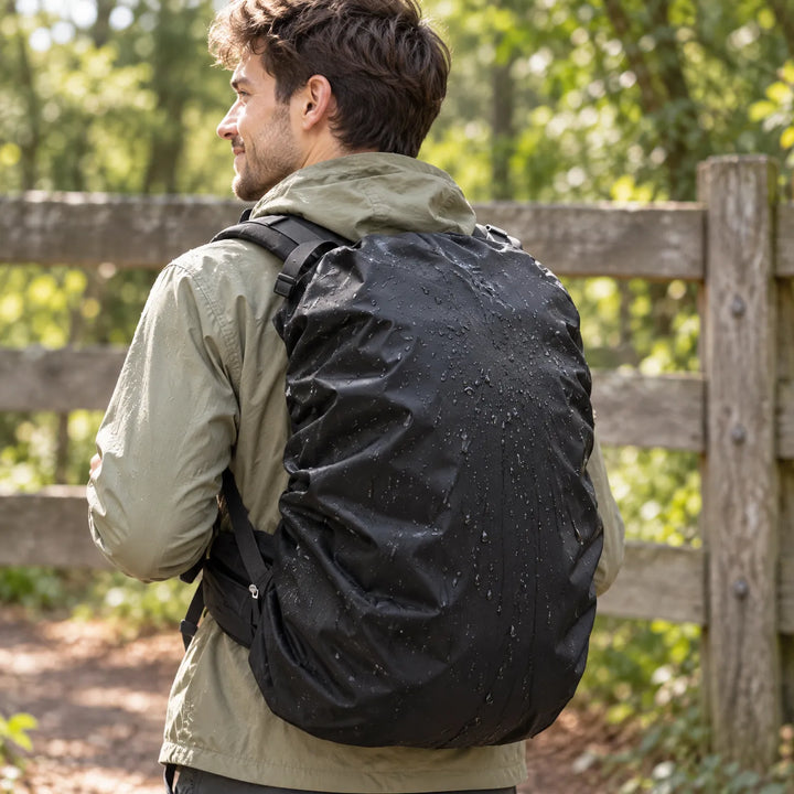 Smiling man in an olive jacket walks past a wooden fence with a black rain cover over his pack, droplets on the fabric. 3
