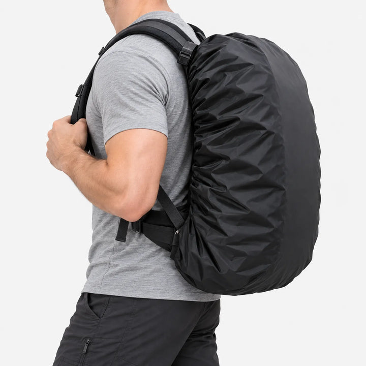 Side view of a man in a gray t-shirt wearing a rucksack fitted with a black rain cover, elasticated edge gathered around the bag. 4