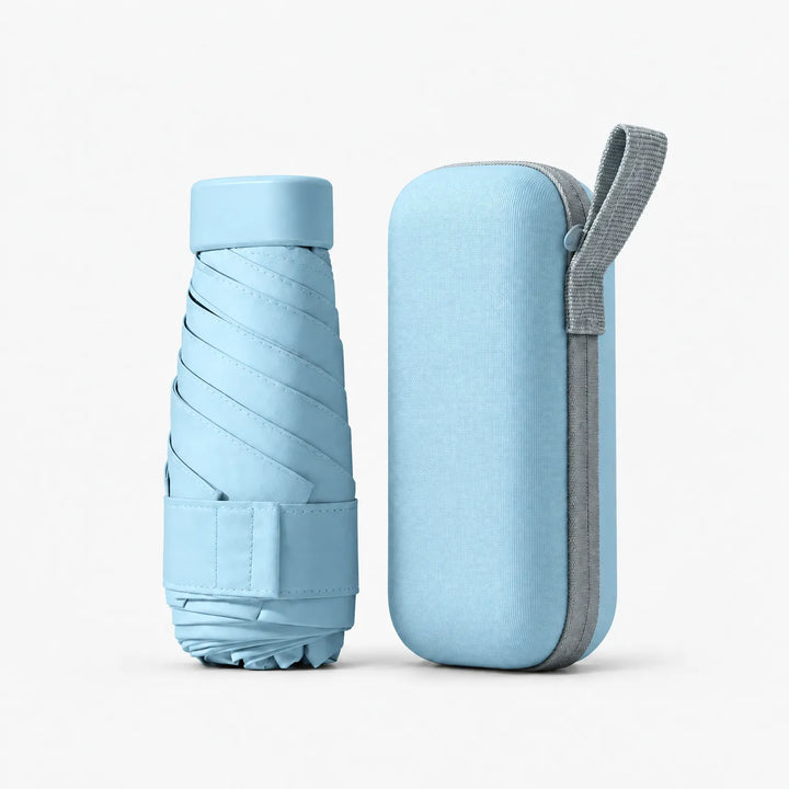 Folded light blue umbrella with cap and strap standing next to its matching blue zippered case with a gray loop. 13