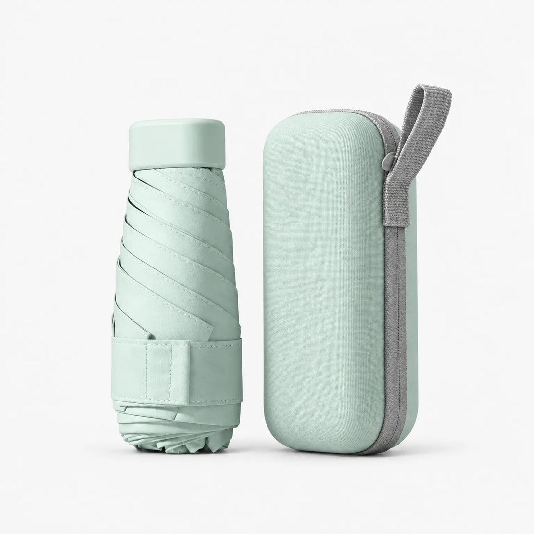 Folded mint green umbrella and matching mint zippered hard case with gray loop, shown side by side on a plain background. 8