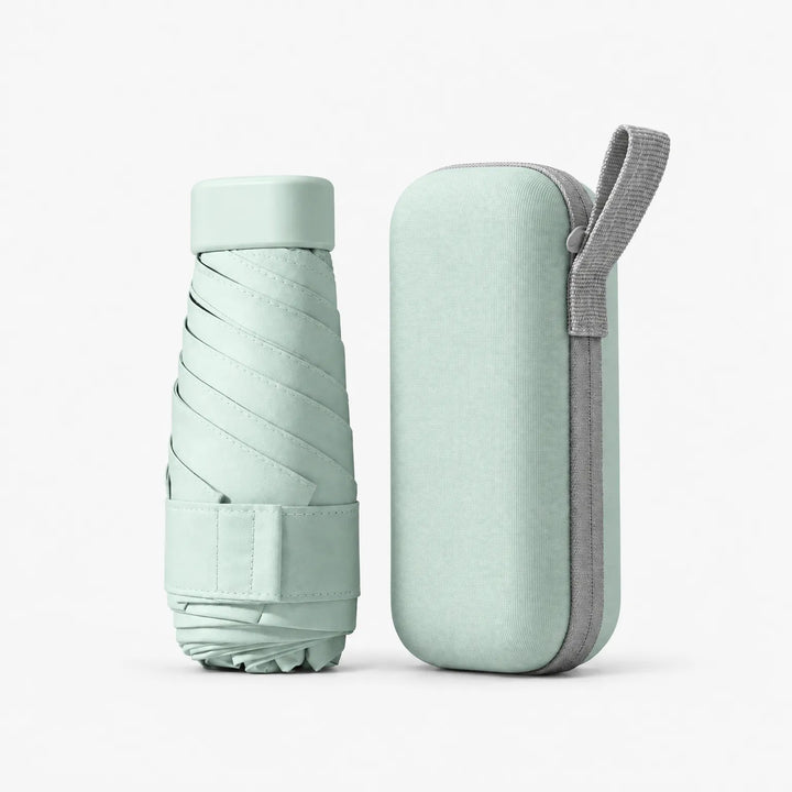 Folded mint green umbrella and matching mint zippered hard case with gray loop, shown side by side on a plain background. 8