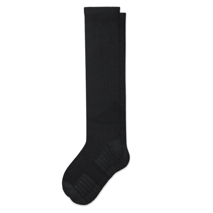 Pair of black knee-high ribbed socks laid flat on white, showing the cushioned heel and toe panels. 2