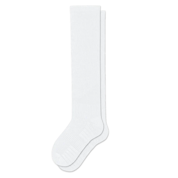 Pair of white knee-high ribbed socks laid flat, showing the textured heel and toe cushioning. 4