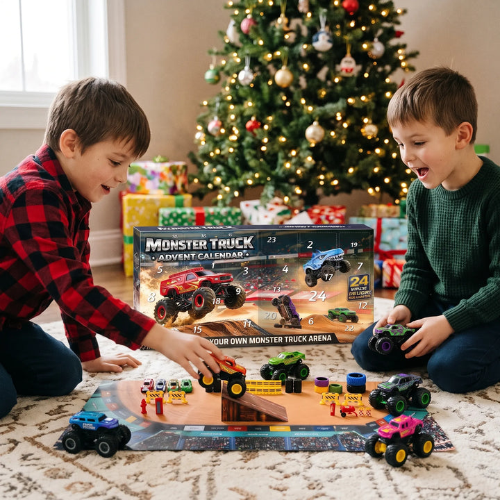 Two boys play on a rug with the toy trucks, ramp and arena mat beside a Christmas tree 1