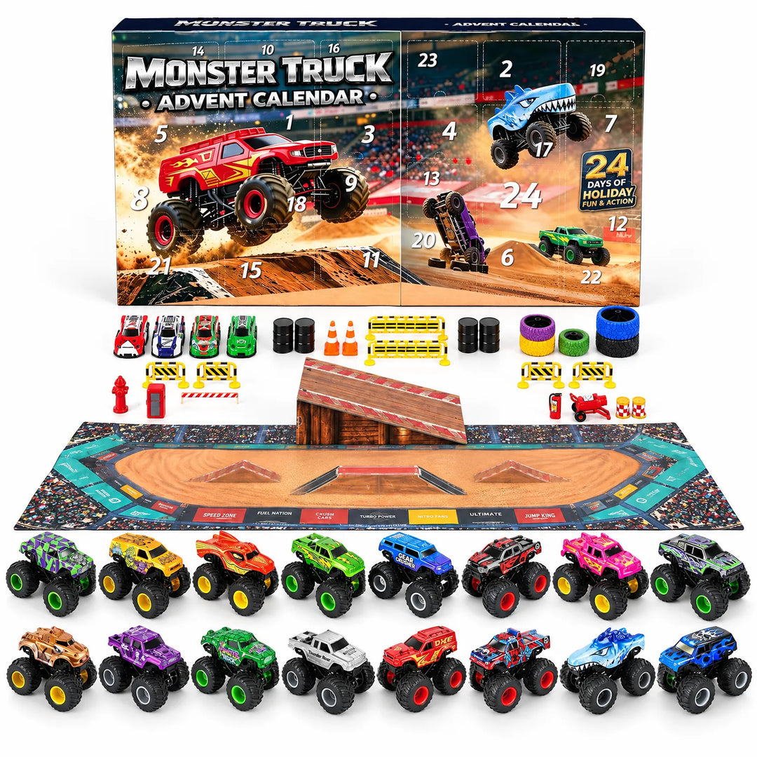 Flat lay of the numbered calendar box with all trucks, small cars, ramp, arena mat and accessories 2