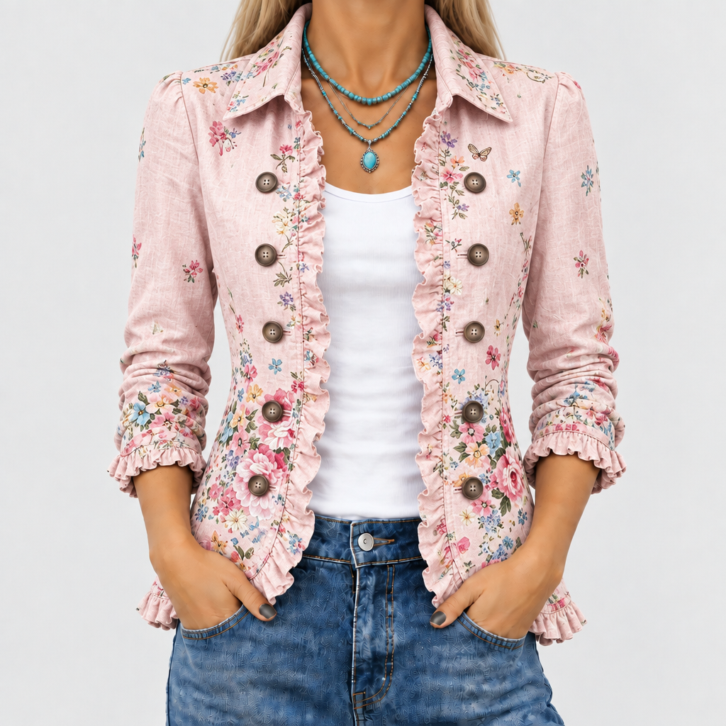 Close-up of the pink floral jacket worn open over a white tank top, showing ruffled edges and buttons 1