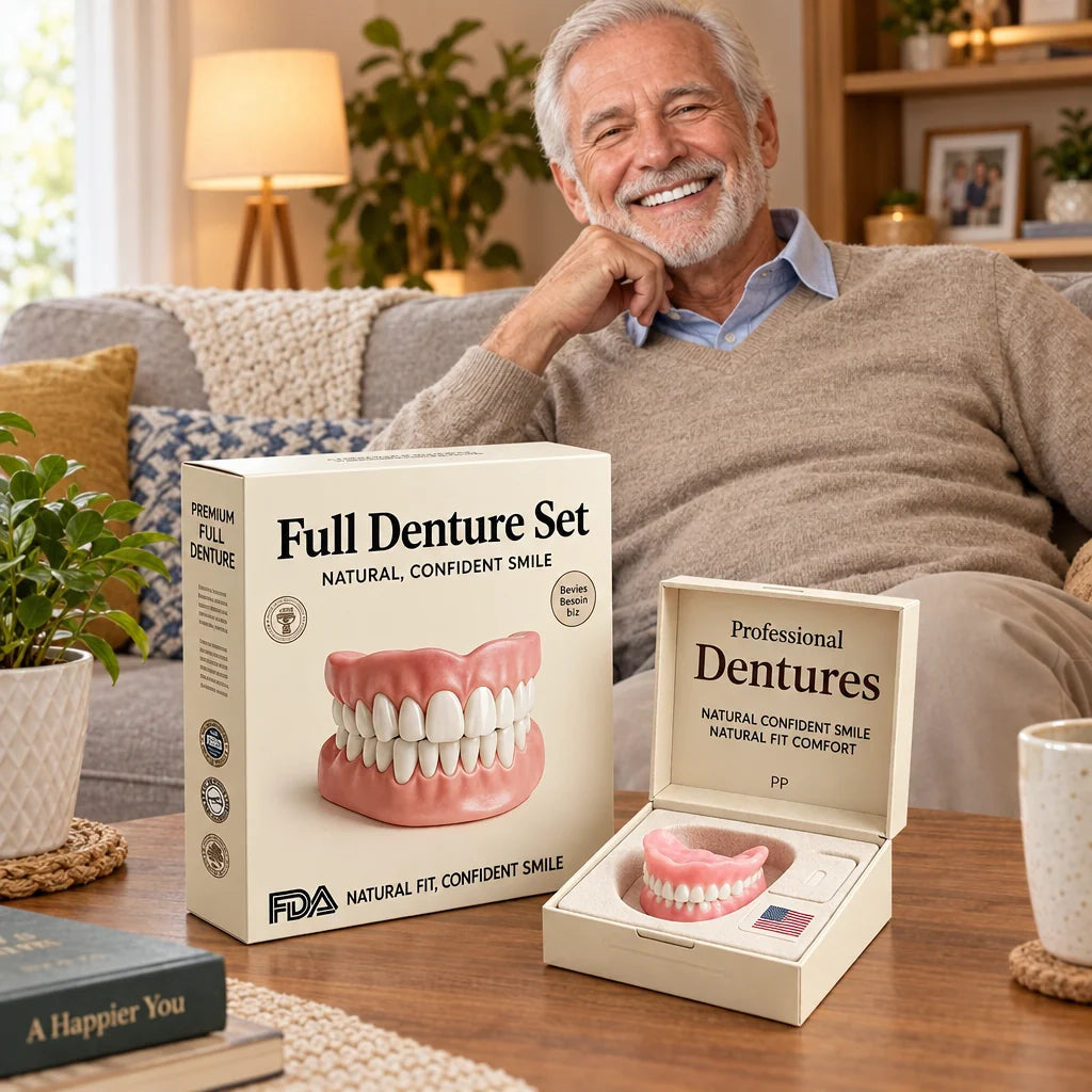 Smiling gray-haired man relaxing on a living room sofa beside a cream denture box and an open case holding pink dentures.