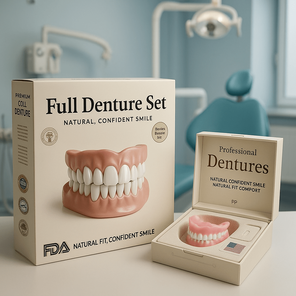 Cream denture box and open case holding a pink denture on a counter, with a blue dental chair and exam light behind.