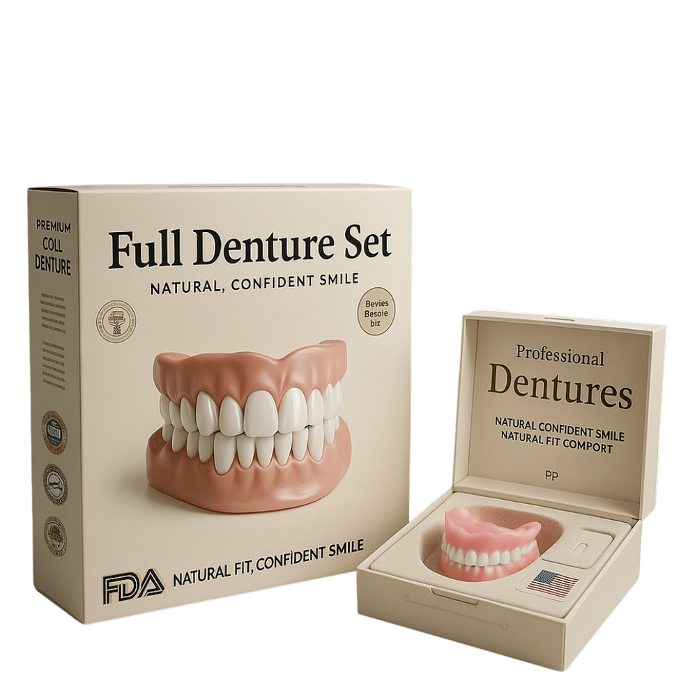 Cream retail box showing a full upper and lower denture, next to an open presentation case with a pink denture inside, on white.