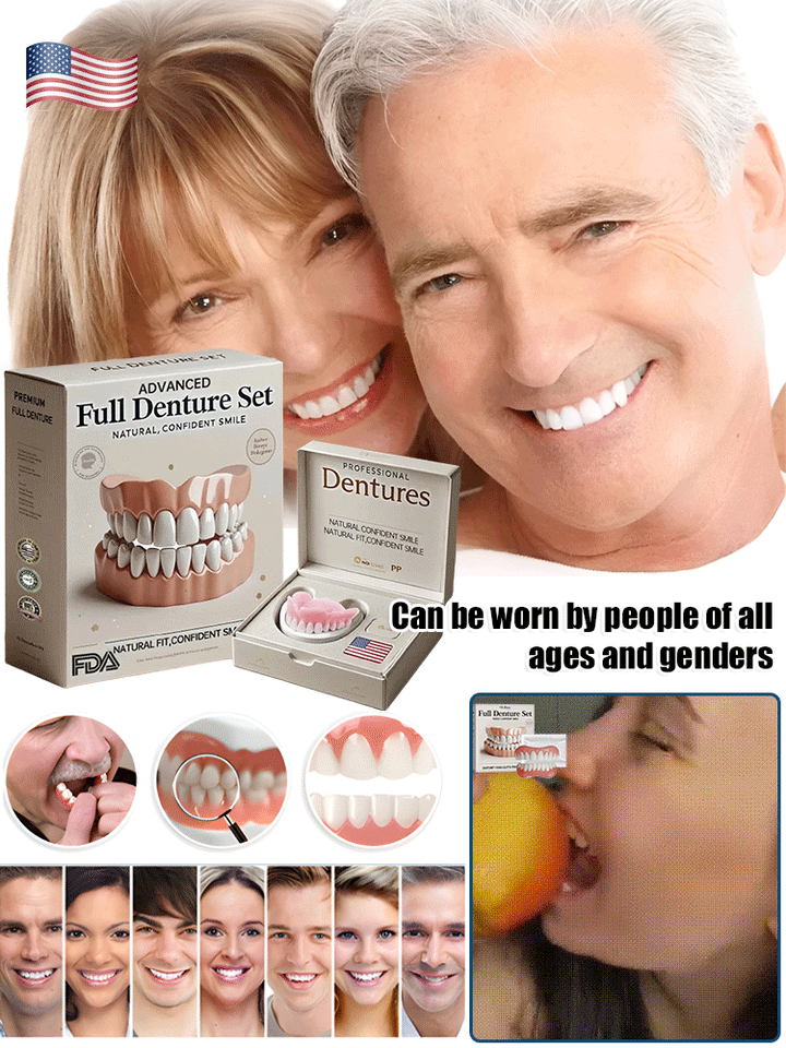 Collage of a smiling older couple, packaging, close-ups of dentures, a row of smiling faces and a woman biting an orange.