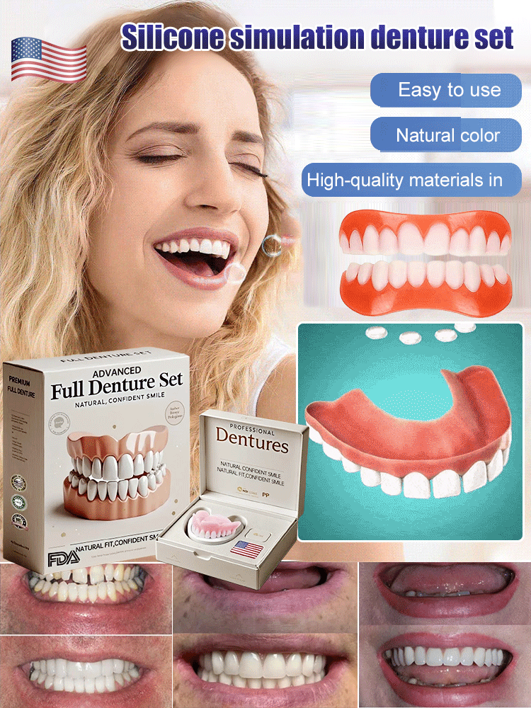 Laughing blonde woman with silicone upper and lower dentures, packaging, an underside view and before-and-after mouth close-ups.