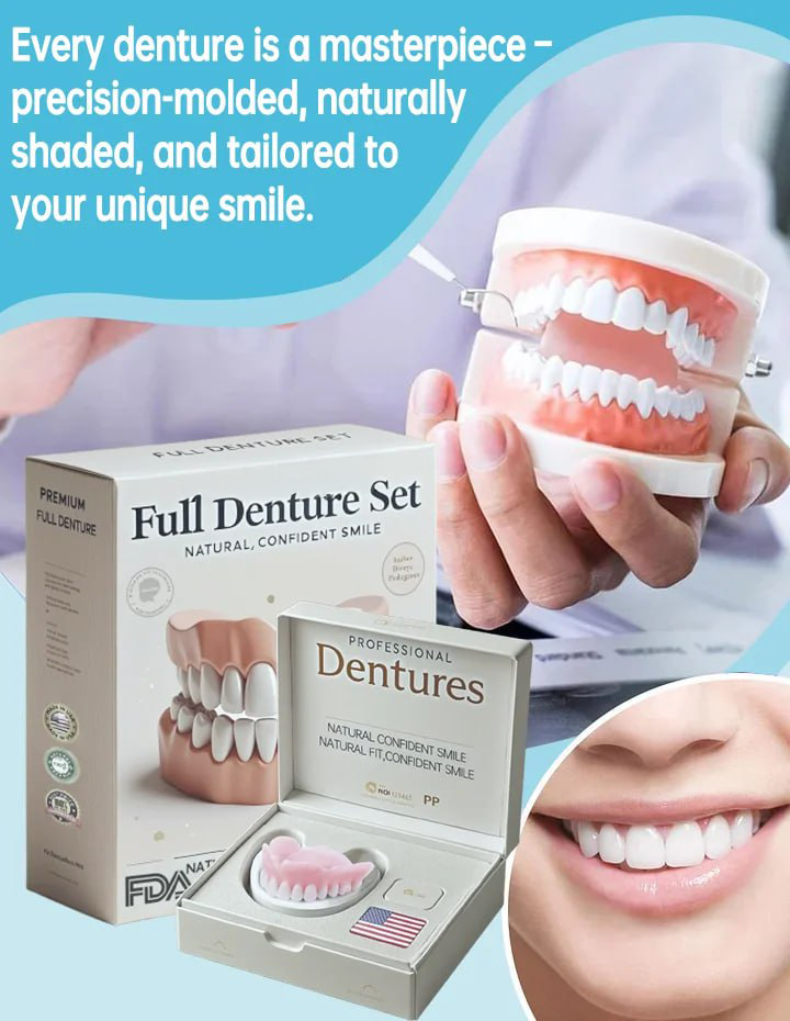 Hand holding a dental jaw model above the packaging and open case, with a close-up of a smile showing even white teeth.