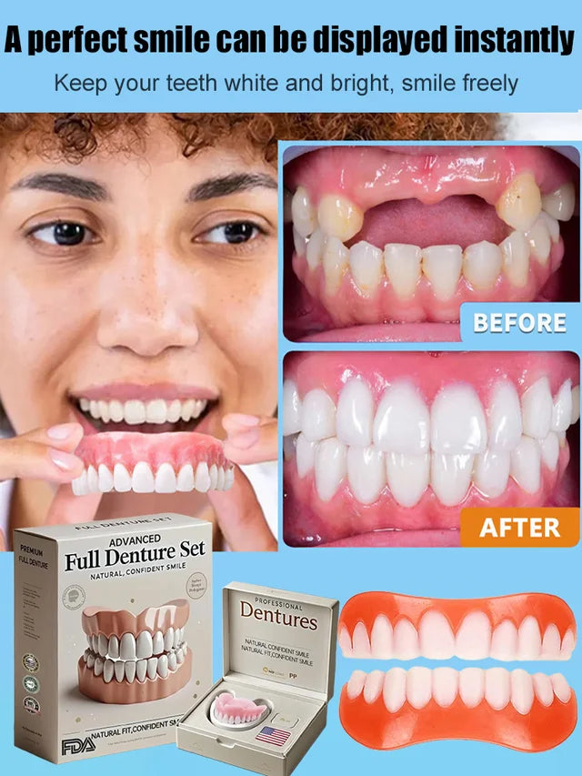 Woman holding an upper denture to her mouth, with before-and-after teeth, packaging, and orange silicone upper and lower dentures.