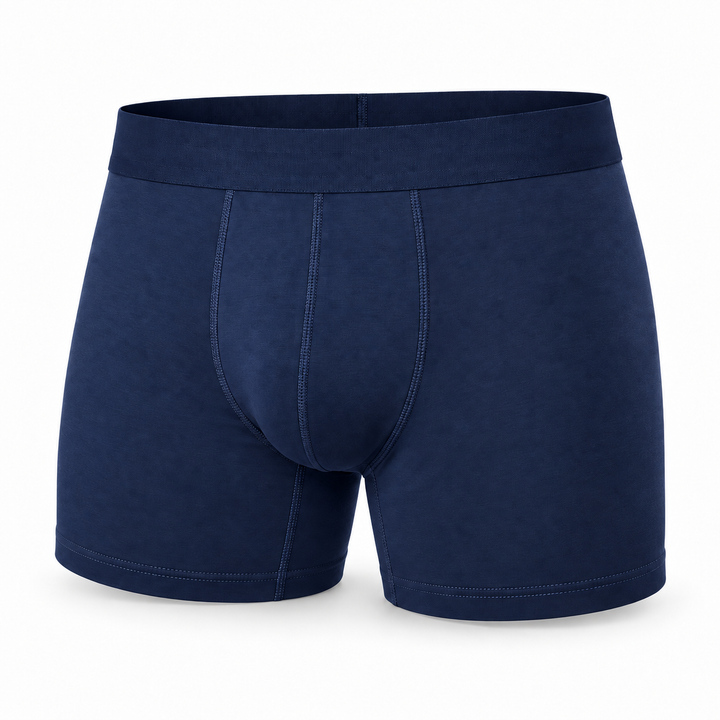 Single navy blue boxer brief shown from the front, with wide waistband, stitched pouch seams and a longer leg. 4