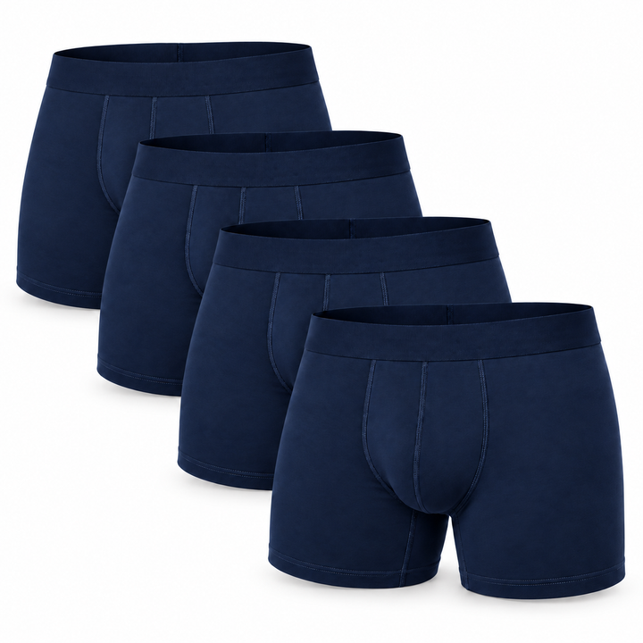 Four navy blue boxer briefs fanned out in a staggered stack, showing waistbands and front stitched seams. 3