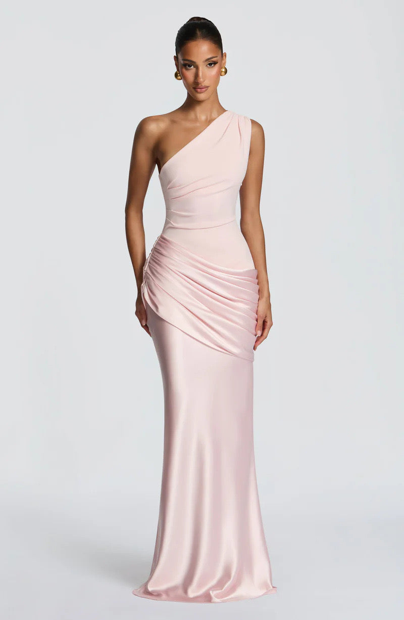 Sidonie One-Shoulder Draped Satin Maxi Dress in pale pink, front view with a draped hip.