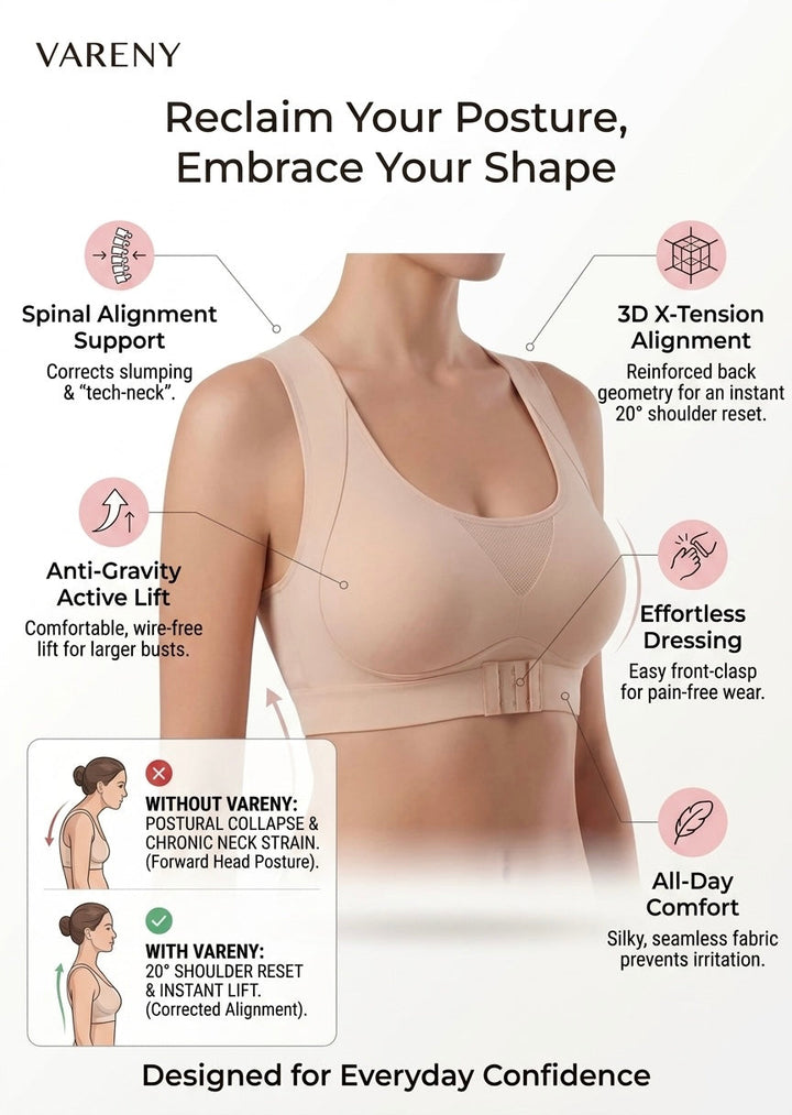 Infographic of the beige bra with callouts for posture support, wire-free lift, front clasp and comfort.