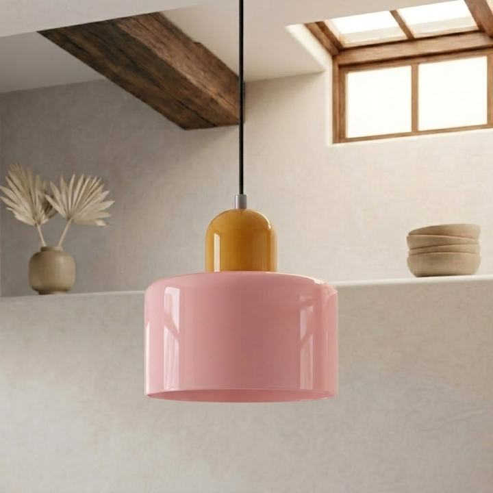 Pink glossy shade with a mustard-yellow rounded cap, hanging from a black cord near a skylight window. 5