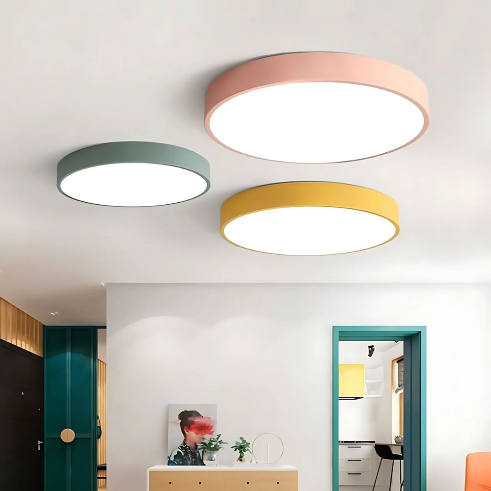 Delos Scandi Wood Ceiling Light with three slim round lights in green, pink and yellow in a hallway.