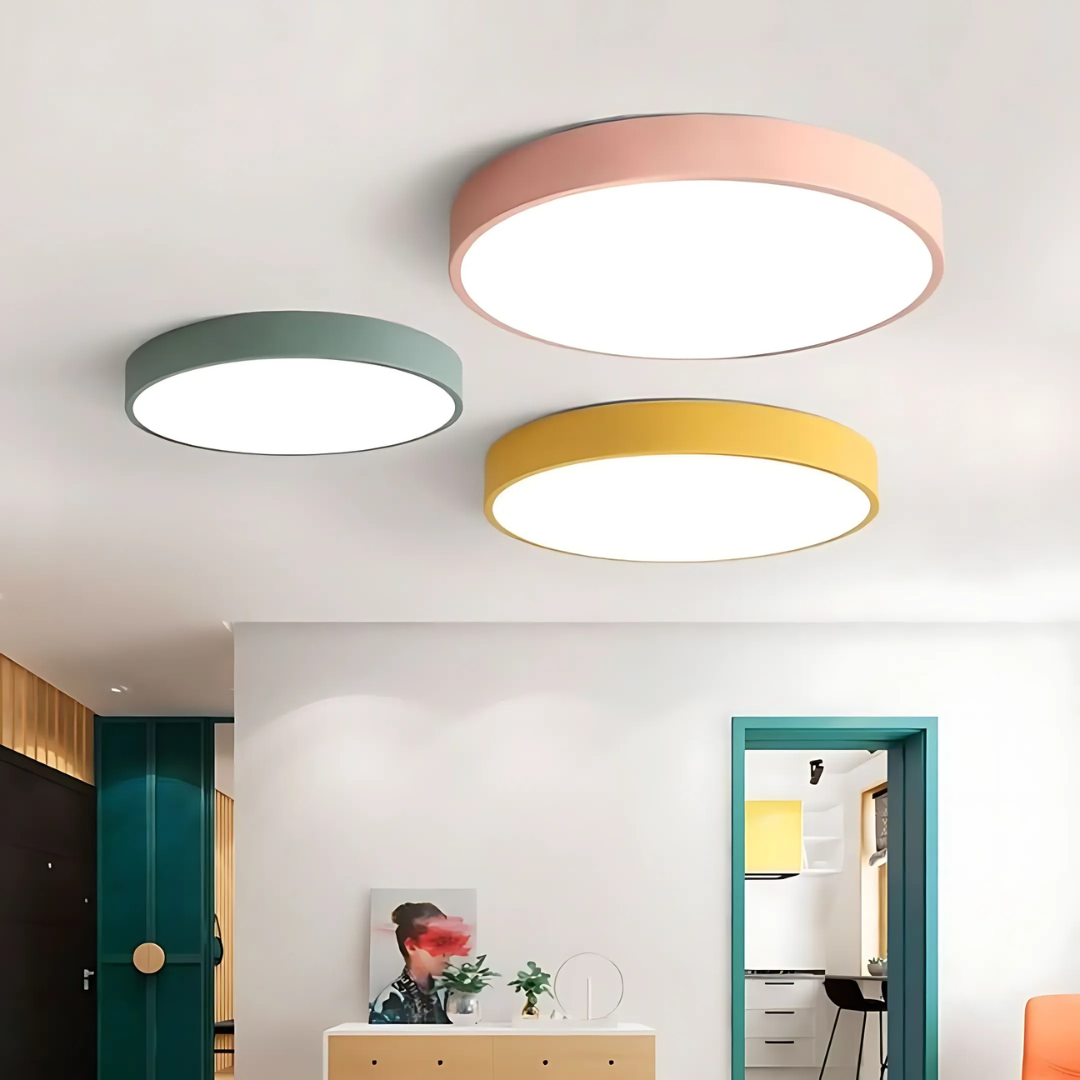 Delos Scandi Wood Ceiling Light with three slim round lights in green, pink and yellow in a hallway.