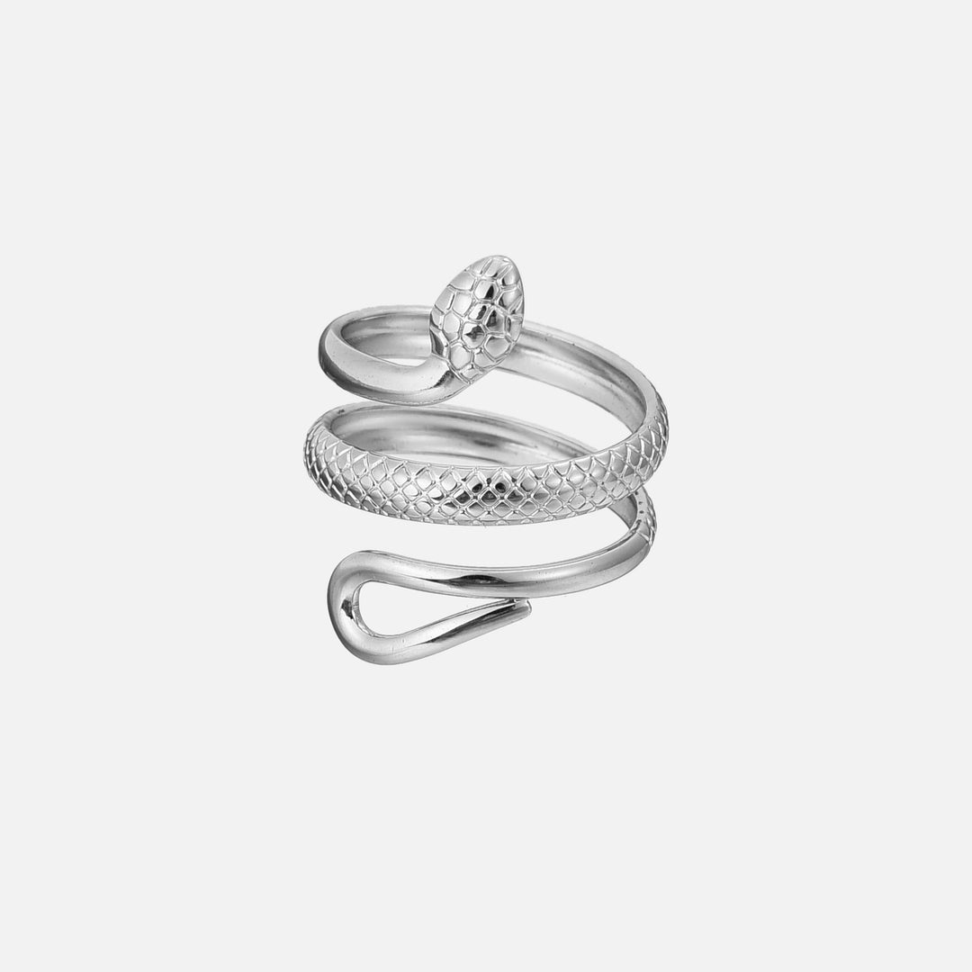 Silver-tone version of the coiled snake ring, with a textured scale pattern on the body and an open teardrop end. 3