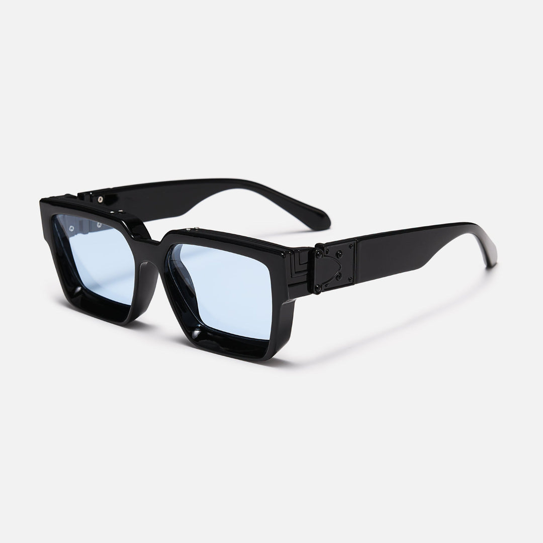 Glossy black square frame with light blue lenses and black hinge plate, shown at an angle. 4